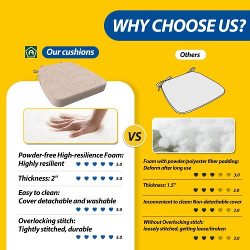 AAAAAcessories D-Shaped Chair Cushions, 2 Thick Dining Chair Pads with Ties and Removable, Machine-Washable Cover, 17 x 16, Set of 4, Oatmeal Beige