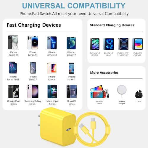 Yellow 2 Pack iPhone 17 16 15 Charger Fast Charging Type C Chargers USB C Charger Block iPhone Air Chargers with 2 Pack 6FT Cable for iPhone 17/17 Plus/17 Pro Max/16/16 Plus/16 Pro Max/15 Pro Max/iPad Pro(Yellow)