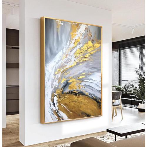 Framed Gold Oil Painting for Living Room,Hand Painted Abstract Canvas Wall Art for Bedroom,3D Modern Art Canvas Pictures Office Kitchen Home Décor 30x44 inches