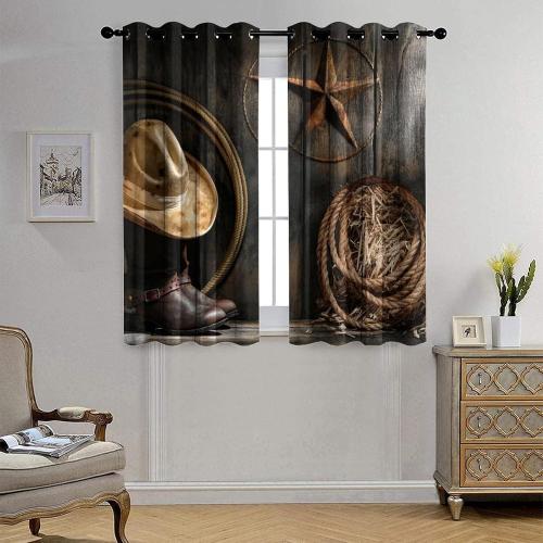 Western Farmhouse Room Darkening Blackout Window Curtains with Grommets,Rustic Cowboy Leather Boots Texas Star Hat on Wooden Energy Efficient Window Treatment 2 Panels 54L x 21W