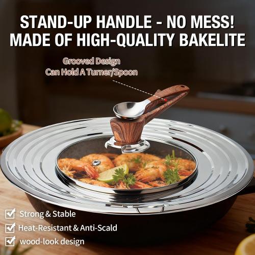 Najor Universal Lid for Pots, Pans and Skillets, Pot Lid With Wooden Standable Handle And Tempered Glass, Fits 8.25, 9, 10, 11, 12 Diameter Pots and Pans