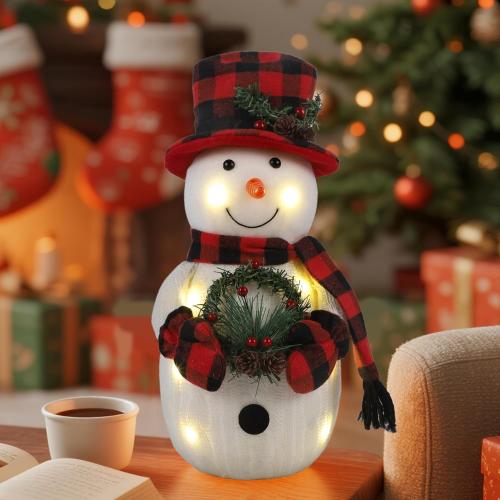 Christmas Lighted Snowman, 12 With Wreath Table Decorations, Red Black Plaid Xmas Decor for Home Kitchen Holiday Party