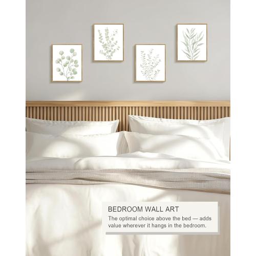 Drsoum Botanical Plant Framed Wall Art Boho Wall Decor for Bathroom Sage Green Eucalyptus Leaf Prints Minimalist Aesthetic Ready to Hang Set of 4, 8x10 in (Natural Framed)