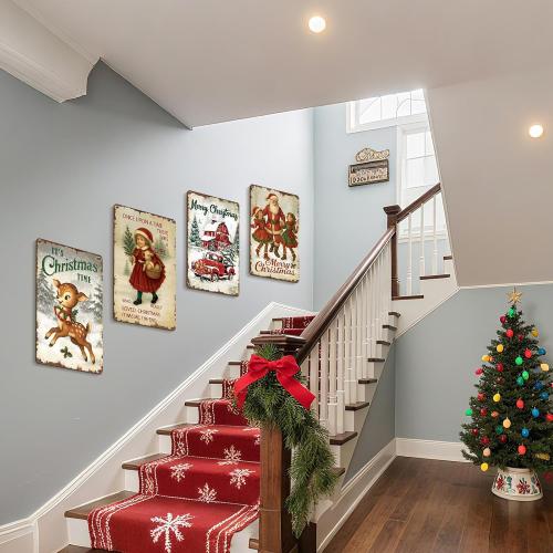 4 Pcs Vintage Christmas Wall Sign Metal Red Truck Little Girl Plaque Sign Decorations Santa Claus Elk Wall Art for Home Coffee Shop Retro Christmas Decor, 8 x 12 Inch