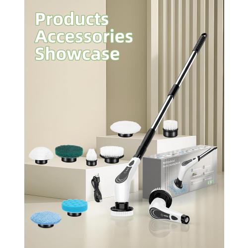 Electric Spin Scrubber with 8 Brush Heads, Extension Handle and 2 Speeds for Beginner, Teens.White-o1.