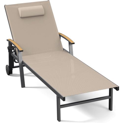 Ciokea Outdoor Lounge Chair with Pillow, 5-Position Aluminum Chaise Lounge with Wheels & Armrests, 400 lbs Heavy Duty Patio Pool Chair for Deck, Backyard, Beach & Poolside, Khaki