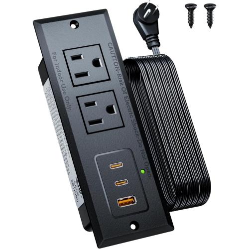 Recessed Power Strip with 20W USB C Port, Fast Charging USB A Port Conference Recessed Outlet, Space-Saver for Furniture Side Table, End Table, Desk Outlet with 6ft Cord, 45° Thin Flat Plug, Black
