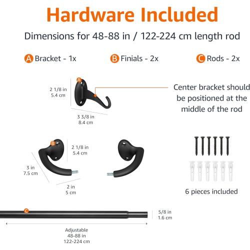 Size 48 to 88 Color Black Amazon Basics Easy to Install Adjustable Room Darkening Blackout Curtain Rod - Wraps Around, Blocks Light, for Heavy Curtains, 48 to 88, Black