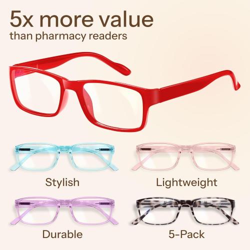 Gaoye Reading Glasses Blue Light Blocking, Spring Hinge Readers for Women Anti Glare Filter Lightweight Eyeglasses (5-Pack Mix Color 2, 2.75)