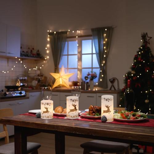Golden Reindeer Christmas Candles with 6H Timer, Real Wax LED Candles Flameless Flickering, Battery Operated Candle Pillar for Home Décor Christmas Decorations Gifts, 3x4/5/6 inches