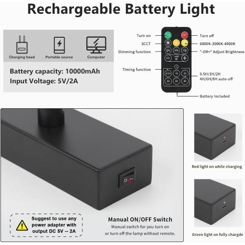 Joosenhouse Battery Operated Picture Light, Wireless Gallery Light with Remote Control and Timer Off, 10000mAh Rechargeable Painting Art Light, 23.23 Inch Dimmable Black Wall Sconce