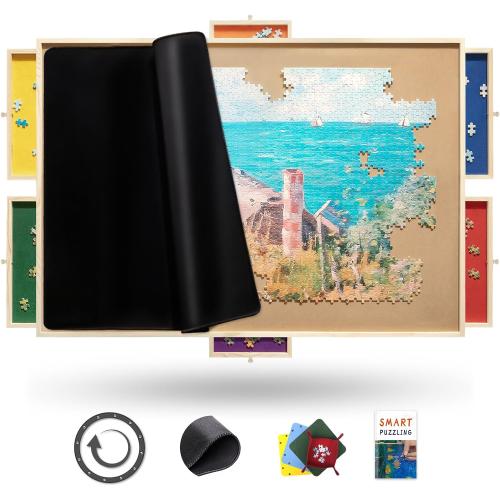 35x26 1500 Rotating Puzzle Board Pro, 35 x 26 with Drawers, Rubber Cover Mat, 360° Lasy Susan, Sort-Wise Colorful Felt Drawers & 4 Trays, Wooden Jigsaw Puzzle Table, Birthday Gifts for Mom