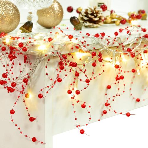 2Pack Christmas Berry Beaded Garland, 11FT/Pcs Christmas Garland with 30LED String Lights for Christmas Decorations, Fireplace Mantel Indoor Outdoor Christmas Decoration