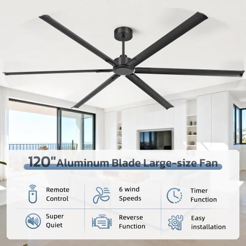 120 Inch Large Industrial Ceiling Fans, HVLS Commercial Fan with DC Reversible Motor, 6 Black Aluminum Heavy Duty Blades, 6-Speed, Timer, 10/20/40 Inch Downrods, for Shop/Barn/Garage (120 inch)