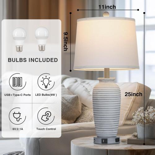 CINSARY 25 Vintage Farmhouse Jar Table Lamps, Single Rustic Bedside Lamp with USB A C Ports & AC Outlet, Nightstand Lamps for Living Room, Bedroom, End Table, Grey White(LED Bulb Included)