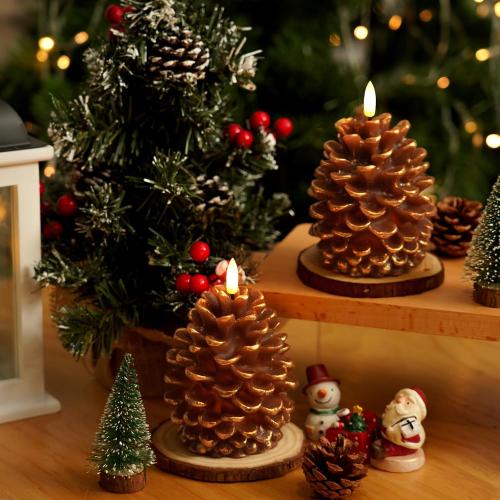 Homemory 2 Pcs Flameless Pine Cone Candle, LED Candles with 6H Timer, Real Wax Battery Operated Candles for Fireplace Decor, Holiday Indoor Decoration,Brown(D3.5 x H5.3 Inch)