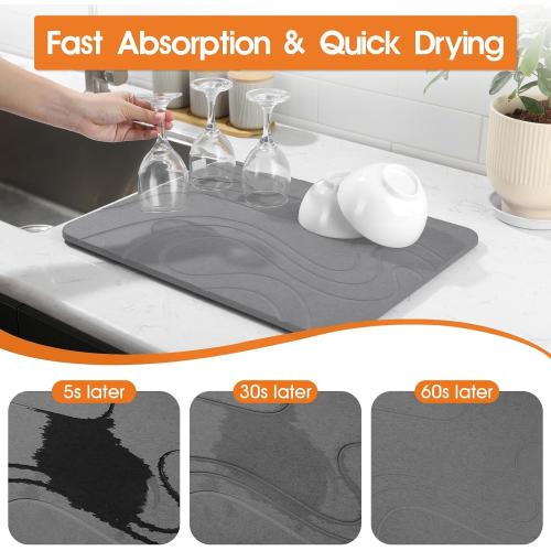Stone Drying Mat for Kitchen Counter - 18x14 Dirt-Resistant Quick Drying Fast Absorbent Non-Slip Diatomite Mat, Natural Diatomaceous Earth Dish Drying Pad for Dish Rack(Dark Grey)