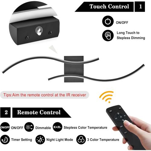 Battery Operated Wall Sconces Set of Two with Remote Control, Stepless Colors 3000K-6000K & Dimming, LED Black Wireless Wall Light for Living Room, Hallway, Bedroom, 31.5 Inch (2 Pack)