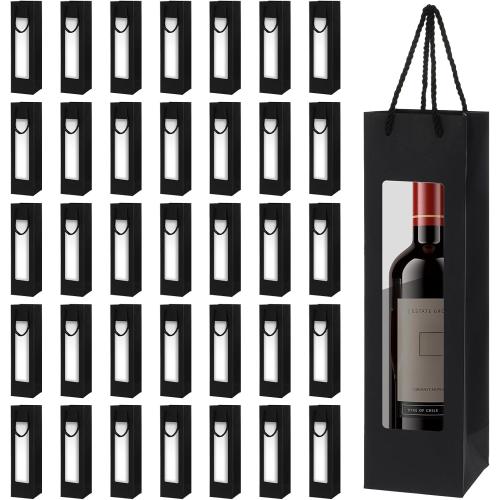 mekueeex 36 Pcs Single Wine Bottle Gift Bag, Clear Window Wine Bags for Wedding Reusable Flower Boxes Bulk with Handles for Holiday Birthday(Black)