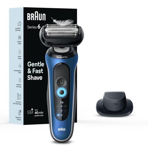 Color Blue Braun Electric Shaver for Men, Series 6 6120s, Wet & Dry Shave, Turbo & Gentle Shaving Modes, with Precision Trimmer & Pouch, Blue