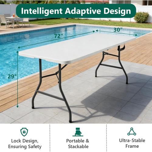 Folding Table 6ft - Heavy Duty Plastic Table with Handle, Foldable & Portable, Fold-in-Half Utility Tables for Outdoor, Dining, Wedding, Events, Indoor, Picnic, Camping, Party (White)
