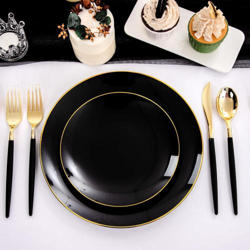 Nervure 100 Pieces Black Plastic Plates - 7.5inch Black Dessert Plates - Disposable Gold Plastic Plate - Disposable Plate Ideal for Wedding & Father's Day & New Year