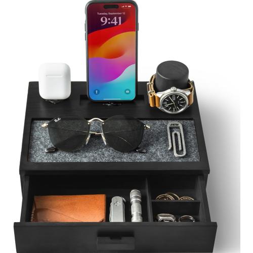 Holme & Hadfield Premium Wooden Phone Docking Station with Drawer – Nightstand Organizer for Charging Phone & Earbuds – Declutter Your Space with Felt-Lined Protection & Watch Pillar – Gift For Men