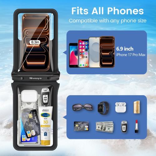 Niveaya Double Space Waterproof Phone Pouch (2-Pack) - IPX8 Phone Case Dry Bag for Beach, Kayak, Cruise Travel Essentials - Compatible with iPhone 17/16/15/14 Pro Max Galaxy S25/S24 Ultra (up to 8.3)