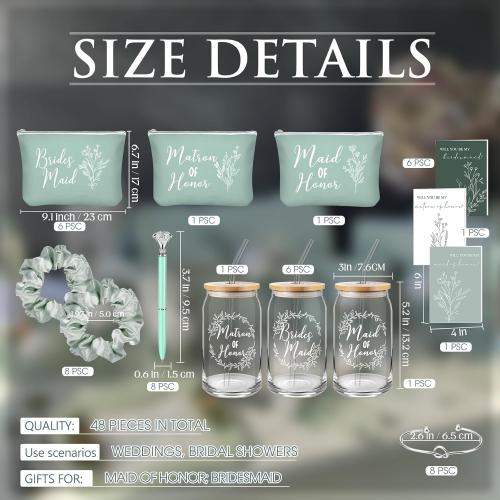 Irenare 48 Pcs 8 Set Bridesmaid Proposal Gifts Maid of Honor Gifts16oz Glass Cups Cosmetic Makeup Bags Invited Cards Scrunchies Hair Knotted Bracelets Diamond Pens(Classic Style,Green)