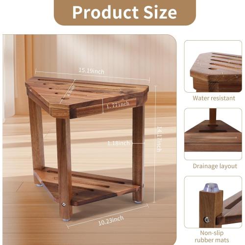 Shower Foot Rest 14in, Acacia Wood Shower Stool for Shaving Legs, Waterproof Corner Shower Stool with Storage Shelf for Inside Small Shower Spaces, Wood Color
