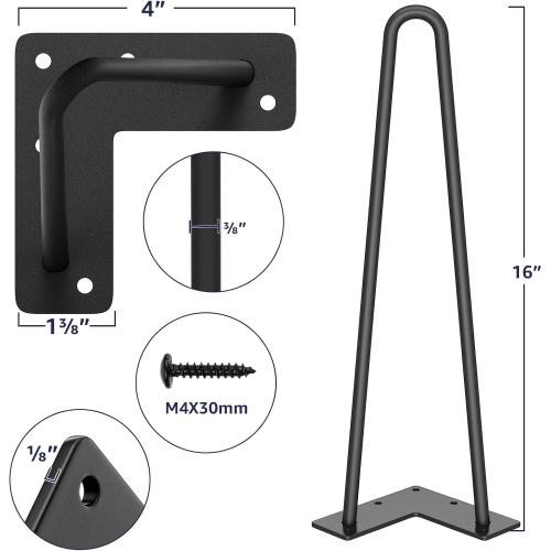 SMARTSTANDARD 16 Hairpin Furniture Legs, Metal Home DIY Projects for Nightstand, Coffee Table, Desk, etc with Rubber Floor Protectors Black 4PCS