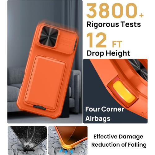 SSLOTSCASE for iPhone 17 Pro Max Case with Card Holder & Camera Stand & Kickstand & Slide Camera Lens Cover & Wallet, Military-Grade Heavy Duty Phone Case Cover for iPhone 17 Pro Max 6.9'', Orange