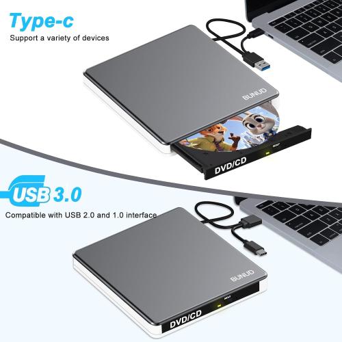 BUNUD External DVD Drive for Mac, Plug & Play Built-in USB/SD/TF Ports Grey