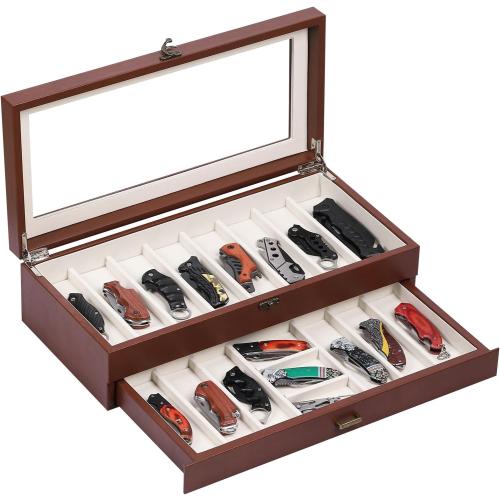 AUTOARK 2-Tier PU Leather & Velvet Knife Organizer with 17 Slots,Transparent Glass Top & Drawer,Compact Storage for Pocket Knives,Perfect for Men's Collections & Gifts,Brown,MKAW017