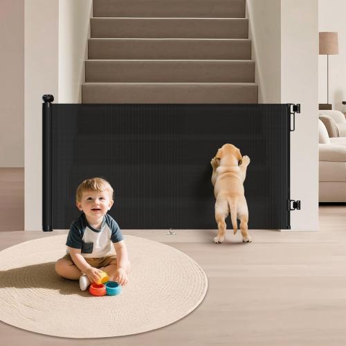 Retractable Baby Gate for Stairs - 34 Tall Extends to 55 Wide Mesh Baby Gate with Anti-Crawling Hook, Adjustable Baseboard Bracket, Pet Gate for Doorways, Hallways, Indoor, Black