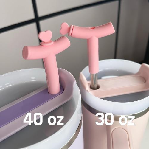 Anti Wrinkle Straw Pink Silicone Cover tips and heart Toppers for Stanley 40 oz & 30 oz Tumblers - Metal Straws Reusable Wrinkle Free Extra Long 2-Pack with Cleaning Brush