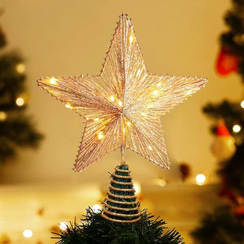 Christmas Tree Topper 10 Golden Glittered Star Tree Topper with 30 LED Lights Xmas Tree Topper Star for Xmas Decorations Ornaments Holiday Party Indoor Decor