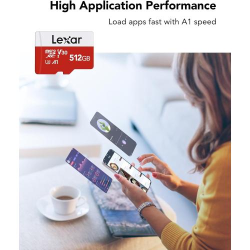 Lexar E-Series 512GB Micro SD Card, microSDXC UHS-I Flash Memory Card with Adapter, 100MB/s, C10, U3, A1, V30, Full HD, 4K UHD, High Speed TF Card