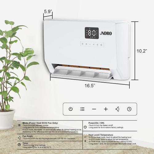 Wall-Mounted Space Heater with ECO Thermostat and Remote Control, LED Display, 60°/90°/120° Oscillation Modes, 24-Hour Timer, Indoor Electric Space Heater