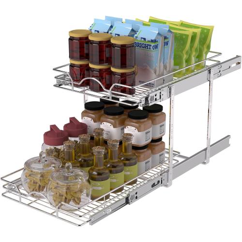 OCG 2 Tier Pull Out Cabinet Organizer (12.5 W x 21 D), Pull Out Drawers for Kitchen Cabinets, Pull Out Shelves for Base Cabinet Organization in Kitchen Bathroom Pantry, Chrome Finish