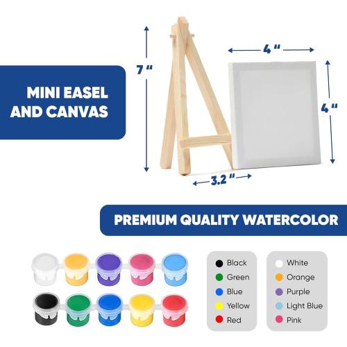 Mini Canvas and Easel Set with 10 Colors Acrylic Paint in Bulk Set of 12 - Kids Art Party Favors & Party Supplies - 4x4 Small Canvases for Painting with Mini Easel - Paint for Kids
