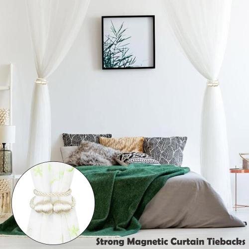 Magnetic Curtain Tiebacks 2 Pack Rope Decorative Curtain Tie Backs Elegant Curtain Holders for Drapes Outdoor Window Treatment Holdbacks, Beige