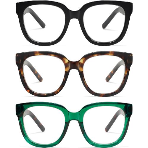 AMOMOMA 3 Pack Oversized Square Reading Glasses for Women,Stylish Retro Cute Blue Light Computer Womens Readers AM6122