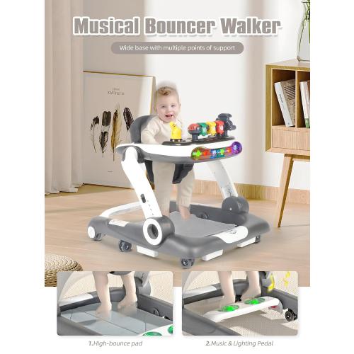 Music and Lights Baby Walker with Wheels, 6 in 1 Baby Activity Center w/Ergonomic backrest Design, Baby Walkers for Boys w/Foot Pads, Music Bouncer Walkers for Boys Girls Babies 6-18 Months, D Grey