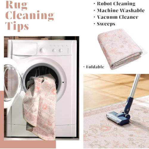 Area Rugs Washable,Large Floral Rugs for Living Room Bedroom Dining Room,Boho Indoor Floor Rug Non Slip Throw Carpet Low Pile Vintage Pink EXTRA LARGE