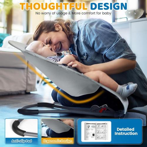 Orzbow Baby Bouncer Seat, Portable Infant Chair, 0-18 Months, Up to 20 Ibs | Foldable & Lightweight, Ergonomic 3-Positions Recline for Baby's Comfort, Removable Play Bar, Washable Cover, ASTM Certified