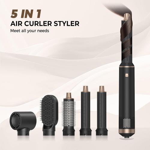 Black and Gold 5 in 1 Hair Dryer Brush Hot Air Curling Brush Negative Ion Air Styler，Multi Function Blow Dryer Brush with Curling Wand, Straightening Brush, and Volumizing Hot Air Brush for All Hair Types（Black）
