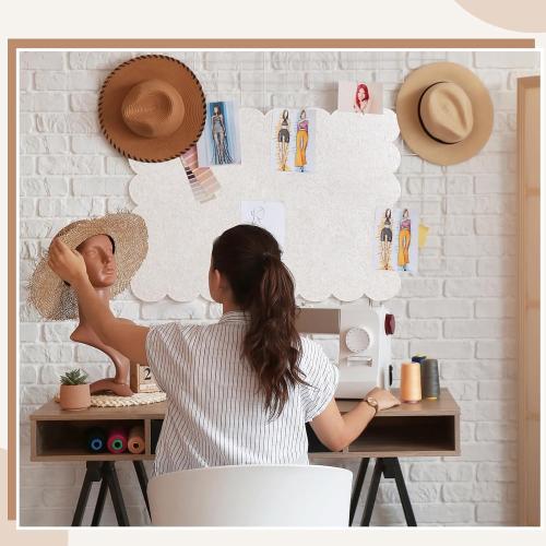 Scalloped Felt Bulletin Board 24 x 18 Inches Foldable Camel Pin Cork Board Alternative for Wall, 2' x 1.5' Trifold Picture Vision Self Adhesive Bulletin Decorative