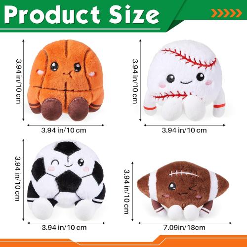 4 Pcs Plush Sports Toy Set - 4in Pocket Sized Stuffed Basketball, Football, Soccer, Baseball, Mini Fluffy Sport Balls for Room Decor, Birthday Gift & Sports Party Favors