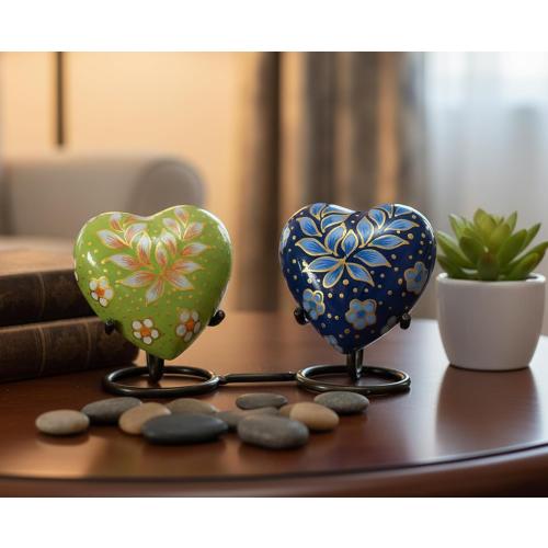 Set of 2 Size 3 Color Blue and green eSplanade Mini Heart-Shaped Cremation Urn Keepsakes Memorial Jar Pot Container - Set of 2 | Small Urns for Funeral Ashes Burial | Multi Printed Metal Keepsakes | Blue and Green - 3 Inches
